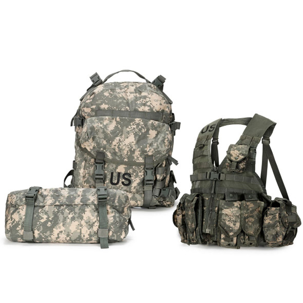 U.S. Issue ACU Core Rifleman Set, Used in the color ACU showing the Fighting Load Carrier (FLC) Vest, Assulat pack, and waist pack. U.S. Issue ACU Core Rifleman Set, Used in the color ACU showing the Fighting Load Carrier (FLC) Vest, Assulat pack, and waist pack.