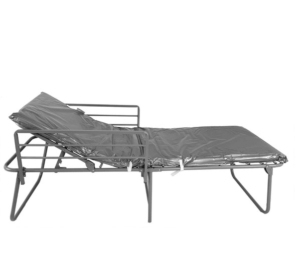 An open heavy-duty steel FEMA emergency medical cot with an elevated backrest and dual metal safety rails