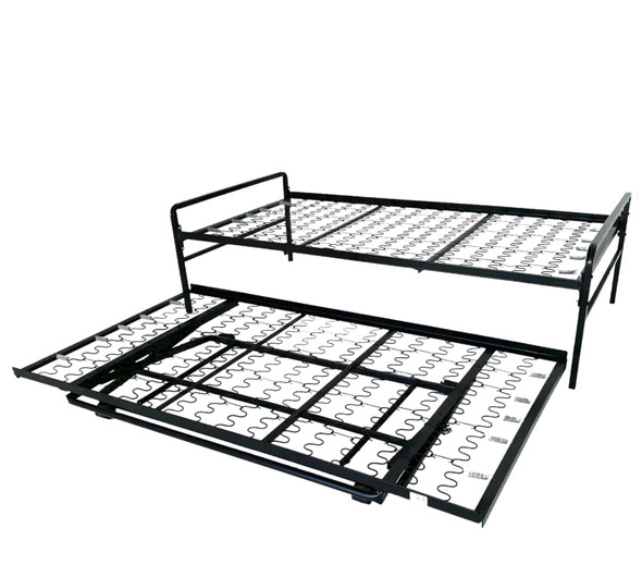 A black metal daybed frame with its extended pop-up steel trundle unit