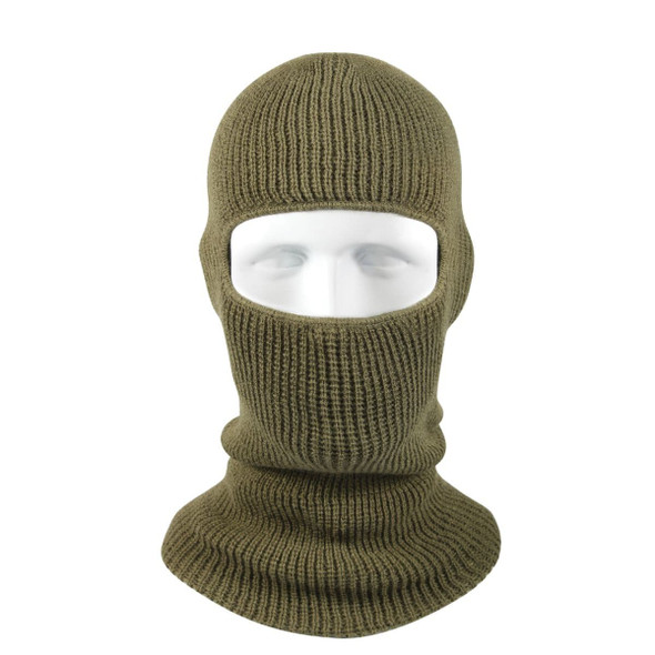 U.S. made single-hole tactical balaclava in an olive finish, covering the head and neck with a reinforced eye opening