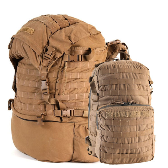USMC FILBE MOLLE II Assault Pack and the full-size USMC FILBE Rucksack in the color coyote USMC FILBE MOLLE II Assault Pack and the full-size USMC FILBE Rucksack in the color coyote