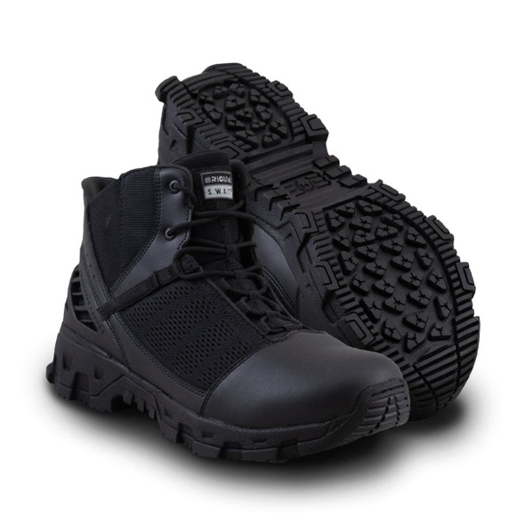 Original SWAT Alpha Freedom 6" Hands Free Safety Toe Boot in black. One pair showing the bottom sole thread Original SWAT Alpha Freedom 6" Hands Free Safety Toe Boot in black. One pair showing the bottom sole thread