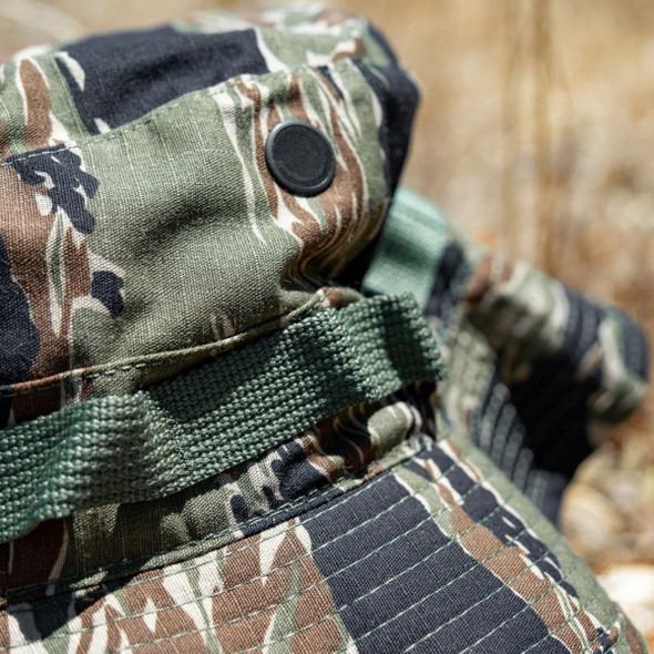 Close up of the brim on the U.S. Made Vietnam Tiger Stripe Boonie Hat Close up of the brim on the U.S. Made Vietnam Tiger Stripe Boonie Hat