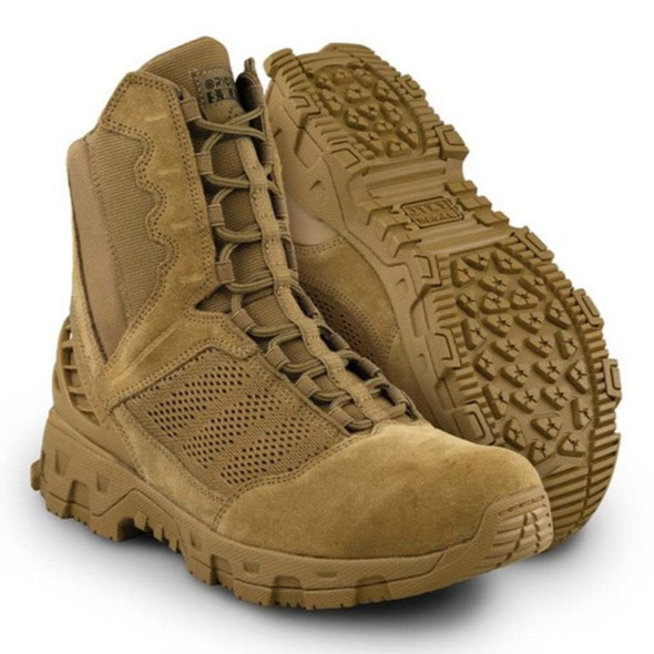 Alpha Freedom Hands Free 8" Boot in the color Coyote. One pair showing the bottom sole thread. Alpha Freedom Hands Free 8" Boot in the color Coyote. One pair showing the bottom sole thread.