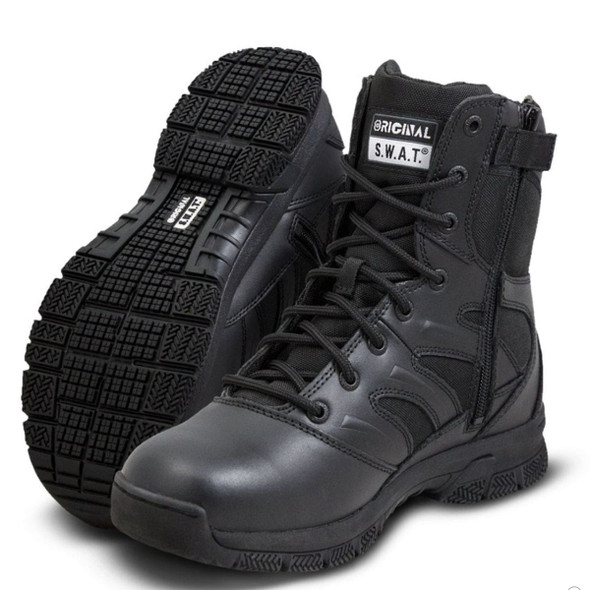 Black 8 inch Original SWAT Force tactical boots with side zipper and polishable leather toe.