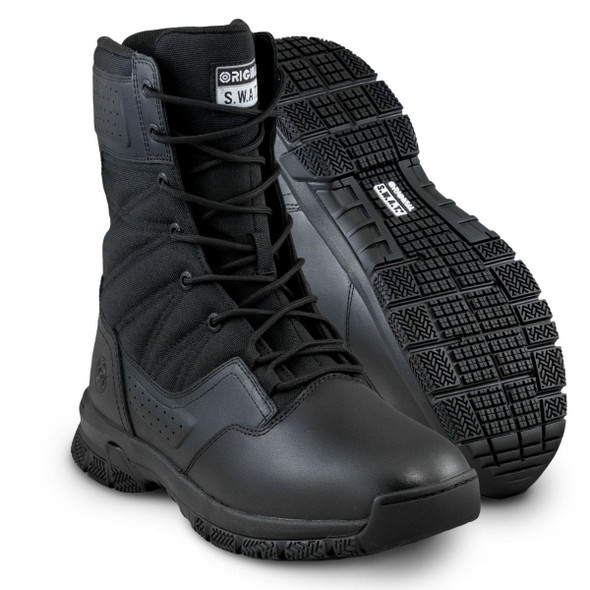 Original SWAT ProTec 8" Tactical Duty Boot standing straight up. One pair showing the bottom sole thread.