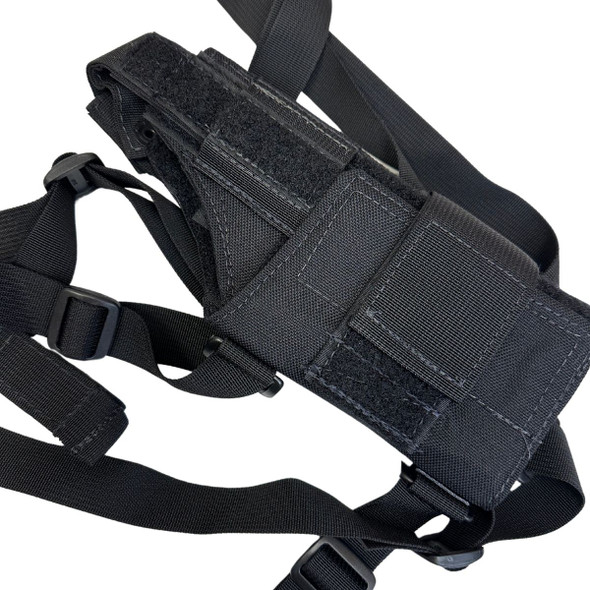 LBT modular shoulder holster in coyote brown with adjustable nylon straps and a secure thumb break retention system.