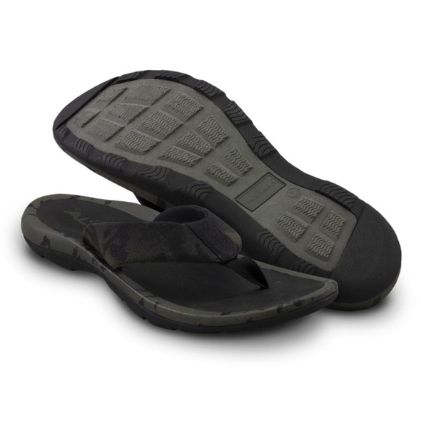 Black Multicam camo rubber  flip flop one leaning on the other showing the sole