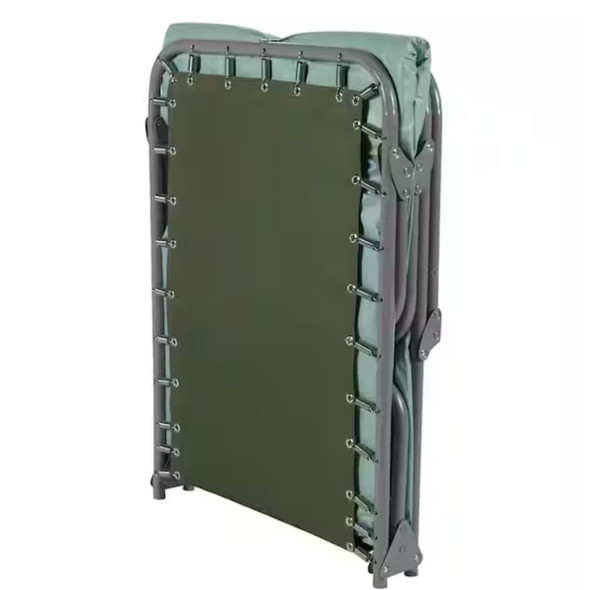 A folded medical-grade emergency steel cot featuring a waterproof green mattress pad, an elevated headrest section