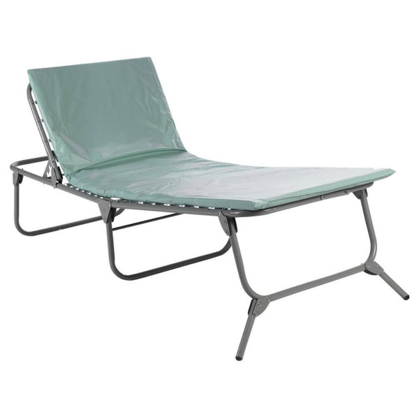 An open medical-grade emergency steel cot featuring a waterproof green mattress pad, an elevated headrest section
