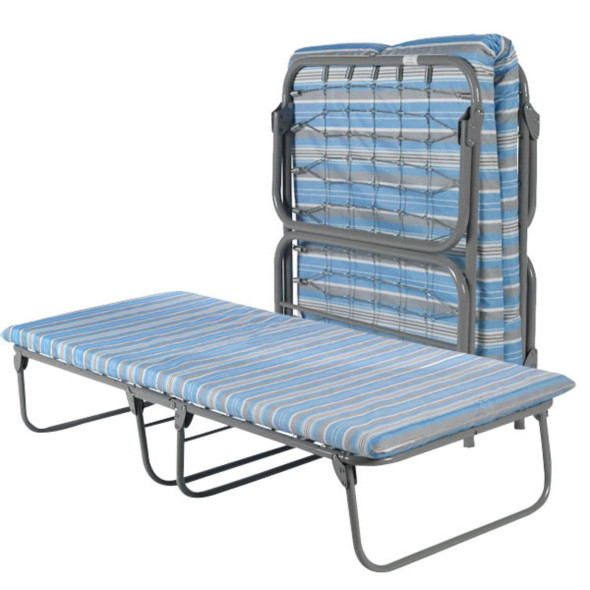 XK-3 Foldable Steel Bed with Foam Mattress laying flat and folded to show it is compact XK-3 Foldable Steel Bed with Foam Mattress laying flat and folded to show it is compact