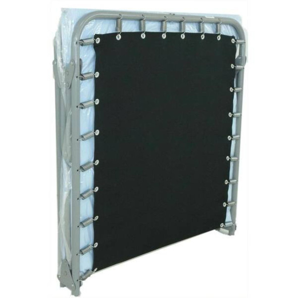 A folded industrial-strength XM-6 extra-wide steel folding cot fitted with a white foam mattress pad on a rigid gray tubular metal frame.