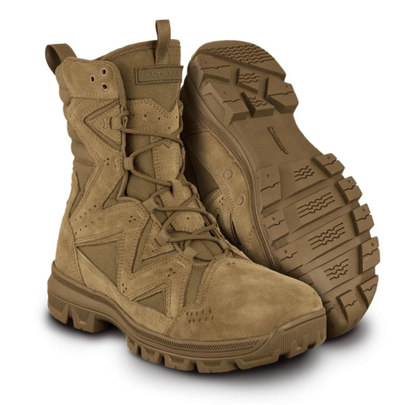 Altama Helios Soles by Michelin "TruFit System" Side zipper boot in coyote. One pair with the bottom showing the sole thread