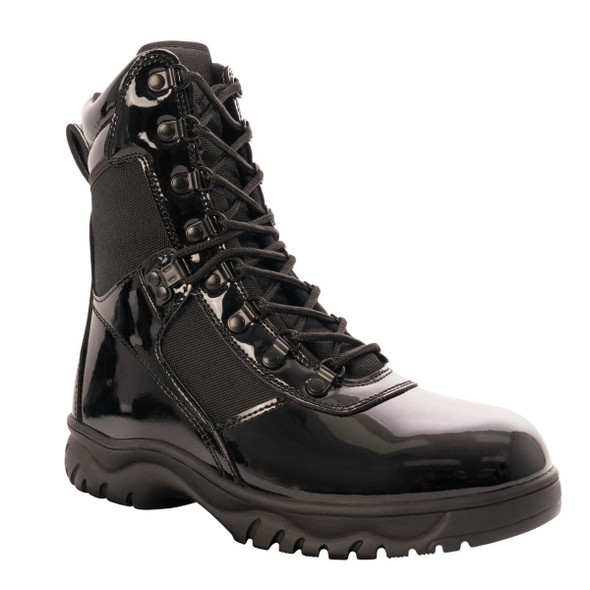 Left side view of Rothco Forced Entry High-Gloss Tactical Boot with Side Zipper 8 Inch in the color black Left side view of Rothco Forced Entry High-Gloss Tactical Boot with Side Zipper 8 Inch in the color black