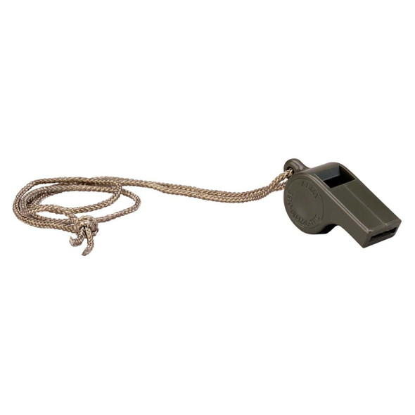 Rothco G.I. Style Police Whistle in the color olive drab. Shows the lanyard attached to the whistle