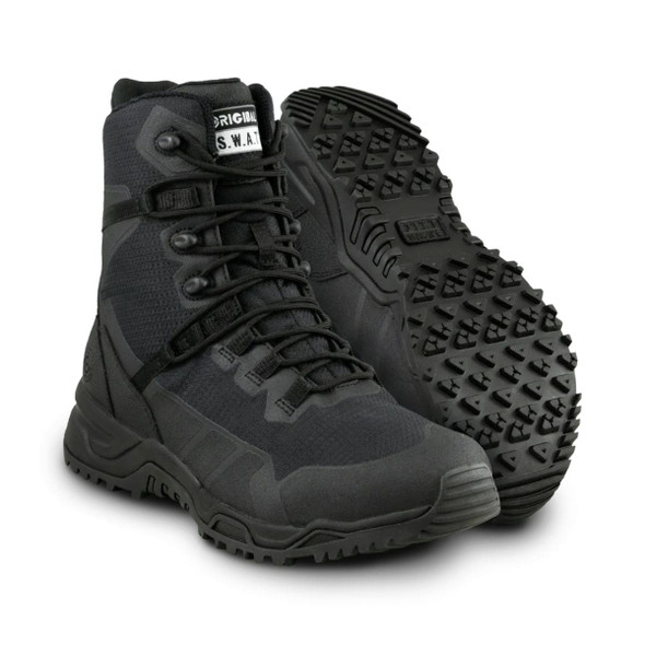 Alpha Fury 2.0 8 Polishable Toe Side Zip, Waterproof in the color black. One pair with the bottom sole showing the thread Alpha Fury 2.0 8 Polishable Toe Side Zip, Waterproof in the color black. One pair with the bottom sole showing the thread