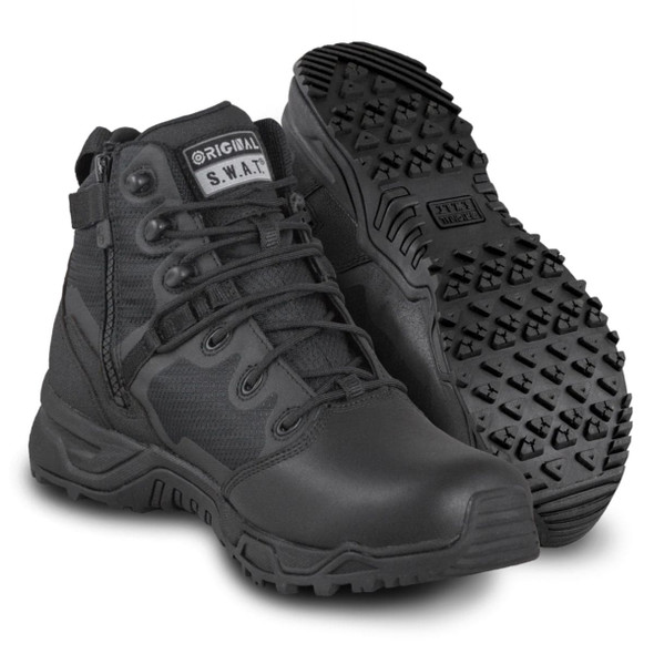 Original SWAT Alpha Fury 2.0 6 Polishable Toe Side Zip Waterproof in black. One pair with the bottom sole showing the thread Original SWAT Alpha Fury 2.0 6 Polishable Toe Side Zip Waterproof in black. One pair with the bottom sole showing the thread