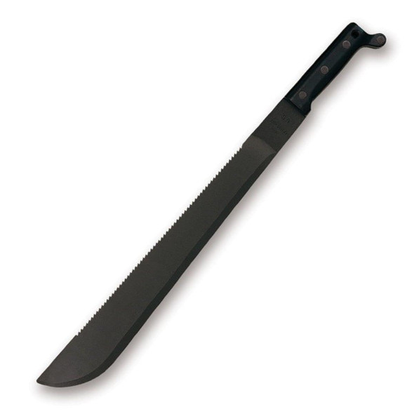 Ontario 18" Sawback Military Machete in the color black showing the blade and handle Ontario 18" Sawback Military Machete in the color black showing the blade and handle