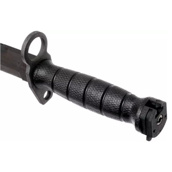 Close up of the black handle on the OKC USMC M9 Combat Knife