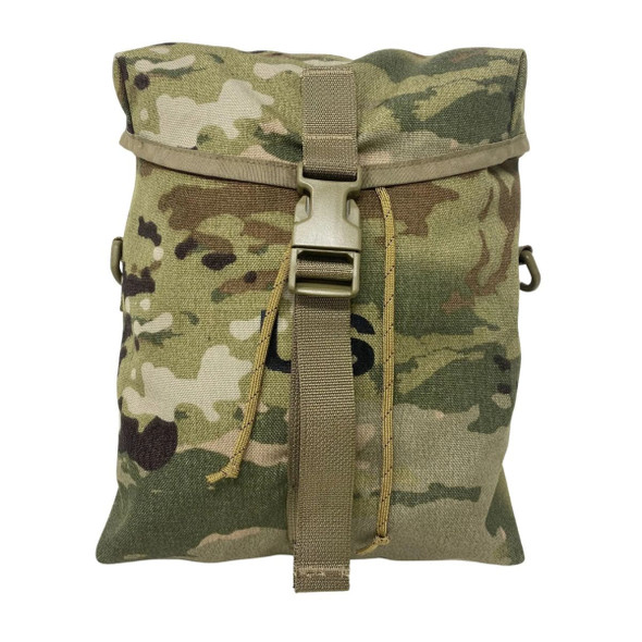 Front of the U.S. Made Multicam Sustainment Pouch showing the buckle snapped together
