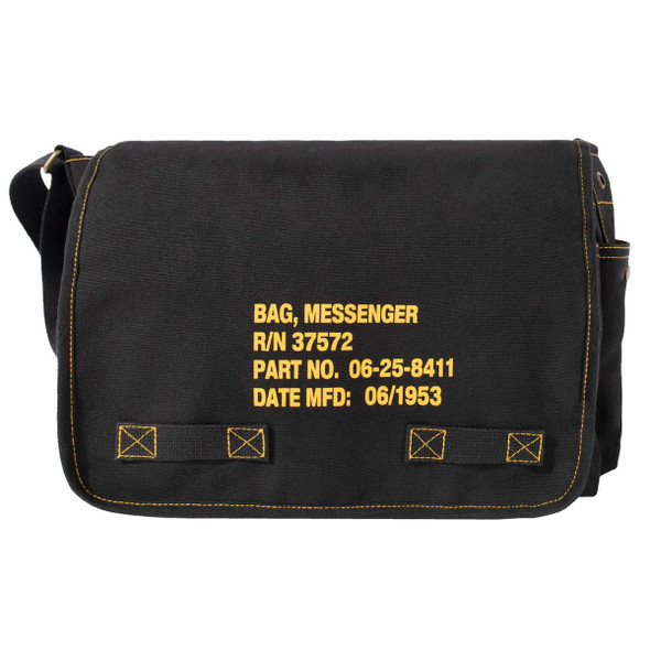 Heavyweight Canvas Classic Messenger Bag With Military Stencil in black showing the military inspired bag’s details printed in stark, gold lettering Heavyweight Canvas Classic Messenger Bag With Military Stencil in black showing the military inspired bag’s details printed in stark, gold lettering