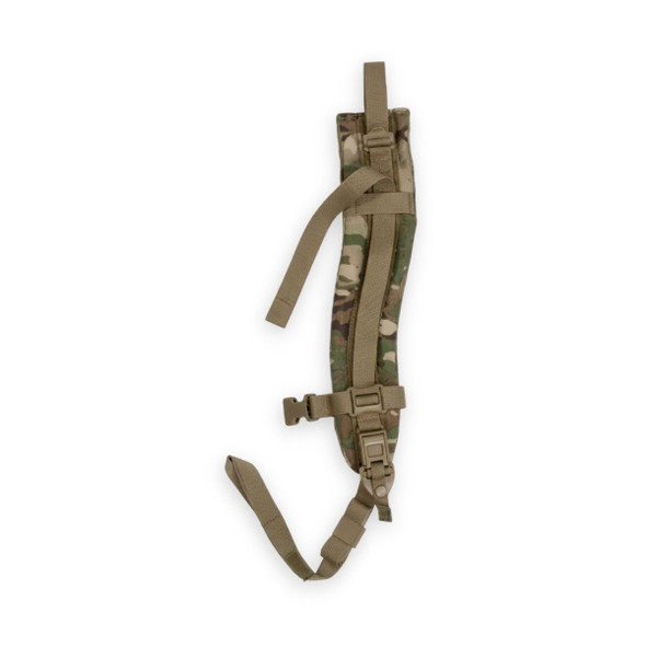 An authentic Propper MOLLE 4K rucksack replacement shoulder strap in OCP camouflage, showcasing heavy-duty padding, adjustment straps, and quick-release hardware - left