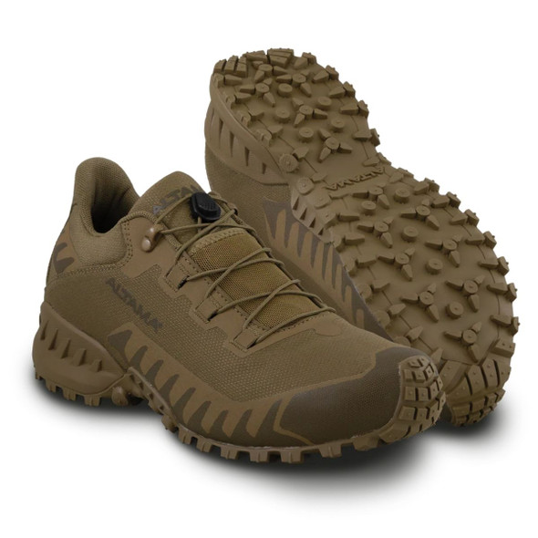 Altama Legacy Low in the color coyote with one shoe showing the thread.