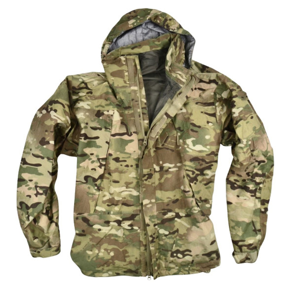 U.S. Army Issue OCP Level 6 ECWCS Jacket gore-tex laying flat slightly open with the hood