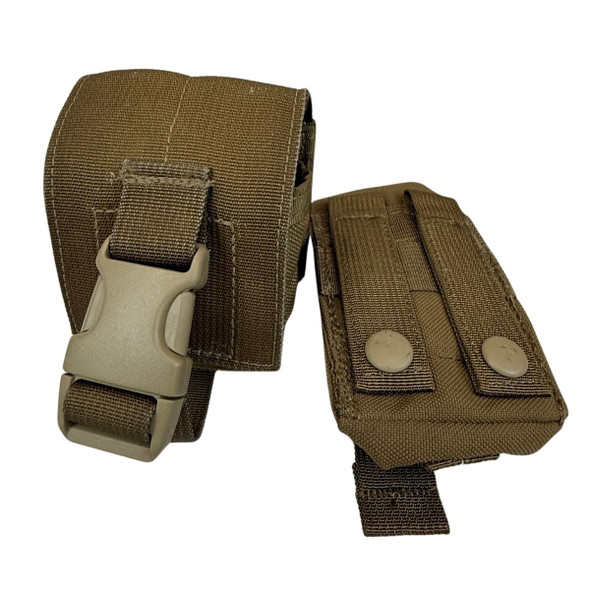 Military Issue MOD Frag Grenade Pouch in the color coyote showing the buckle and snap straps