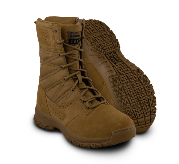 Coyote tan 8 inch tactical boots with side zipper and rugged rubber outsole.