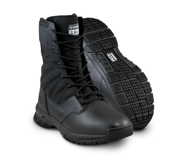 Black 8 inch waterproof tactical boots featuring a safety toe and side zipper.