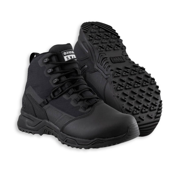 Black 6 inch Original SWAT Alpha Fury 2.0 tactical boots with polishable leather toe, side zipper, and athletic mesh upper.