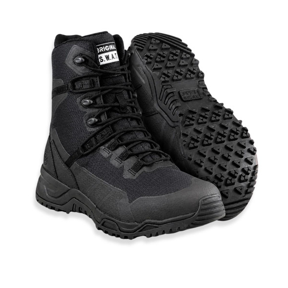 Black 8 inch Original SWAT Alpha Fury 2.0 tactical boots with a composite safety toe and side zipper.