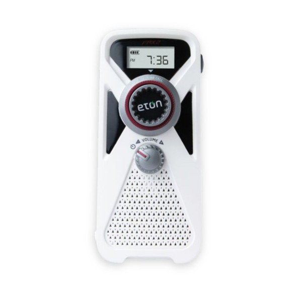 A compact white and red Eton American Red Cross FRX2 emergency radio showcasing its solar panel, top 3-LED flashlight, and digital tuner screen.