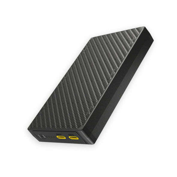 The compact, black Nitecore NB20000 Gen 3 carbon fiber power bank showing its sleek dual USB-C ports and side LED battery capacity array.