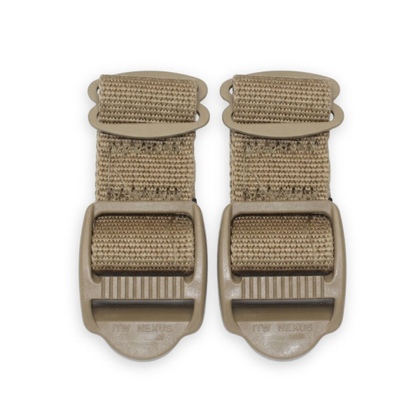 Two authentic U.S. Military Issue MOLLE II rucksack load lifter straps in OCP Tan 499, featuring heavy-duty adjustment slider buckles.