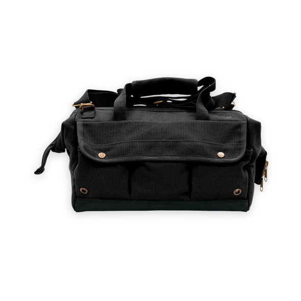 A black Rothco Renovator canvas tool bag featuring dual top carry handles, a full-length brass zipper, and an exterior side compartment with metal snap closures.