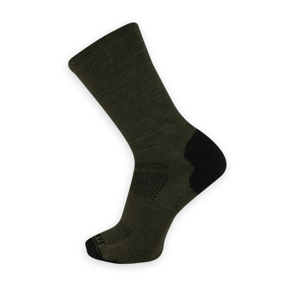 Army Green Soffe tactical trainer crew sock featuring reinforced heel and toe cushioning and ventilation mesh channels on the top of the foot.