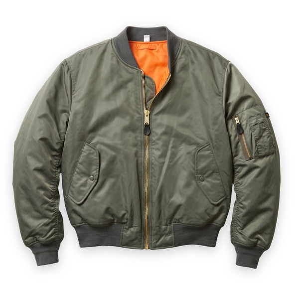 Rothco MA1 in olive sage color laying flat with an orange lining
