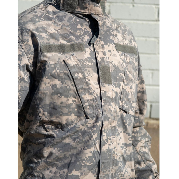 Close up of the front pockets on the Army Issue ACU UCP Jacket, Used