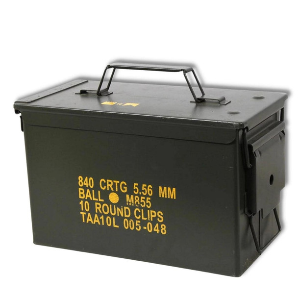 Used steel 50 caliber ammo box with a secure latch and yellow text