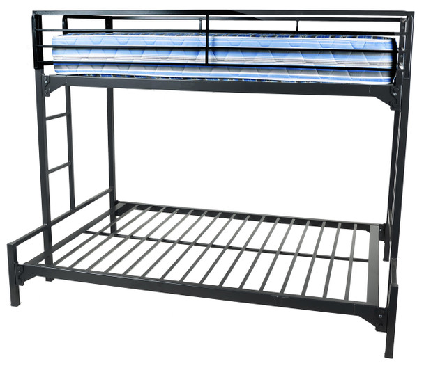 Minimalist matte black steel twin-over-full bunk bed frame, highlighting the durable built-in ladder and rigid supportive slat system.