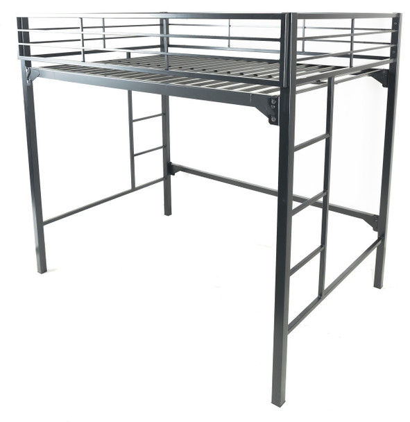 An industrial matte black twin-size metal loft bed frame with integrated climbing rungs and top-tier security rails.