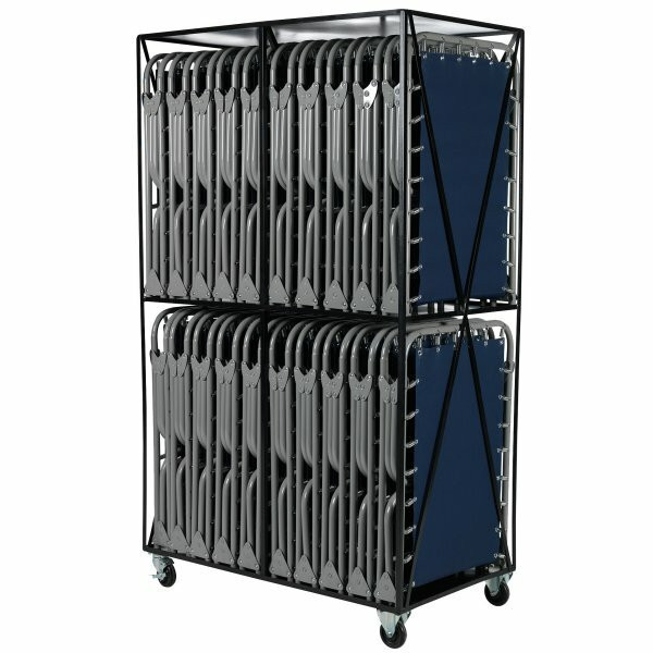 An industrial multi-shelf steel rolling cart filled vertically with 20 folded gray steel economy emergency cots, shown with its protective vinyl cover.