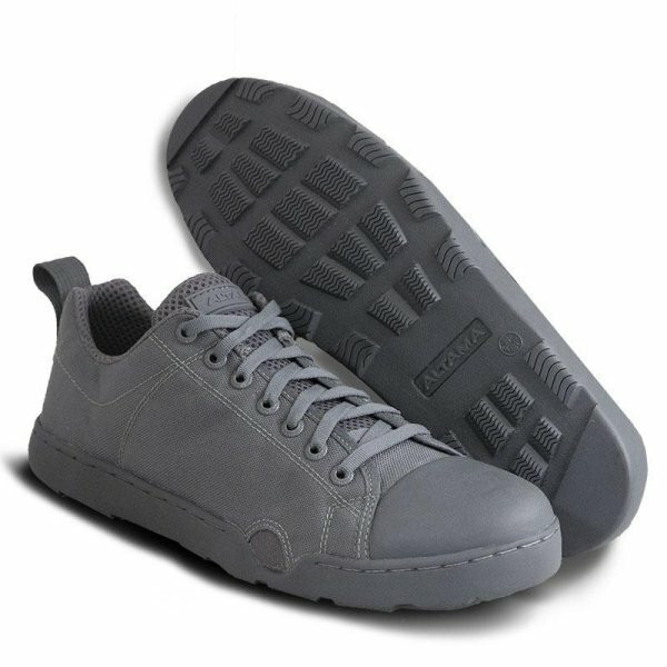 Wolf Gray Altama Maritime Assault Low tactical shoes featuring a low-profile design, drainage ports, and high-traction SEAL Rubber outsoles.