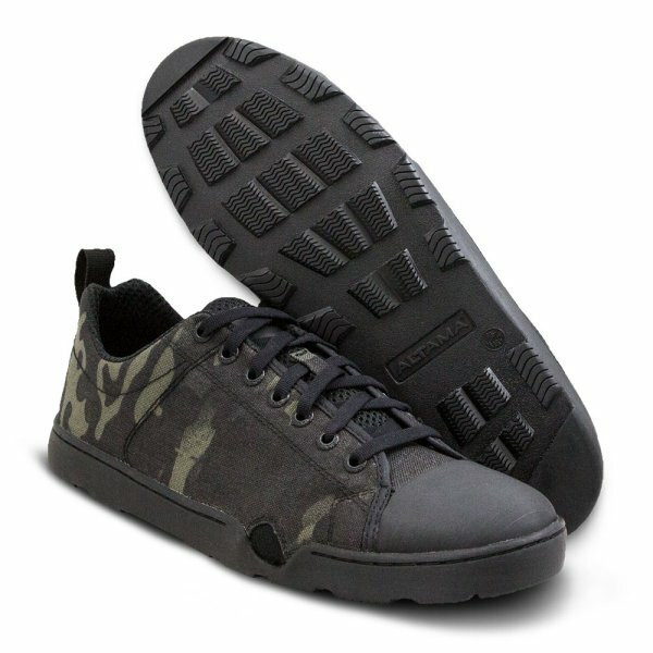 MultiCam Black camouflage GSA-compliant Altama Maritime Assault Low tactical shoes featuring a low-profile design, drainage ports, and high-traction SEAL Rubber outsoles