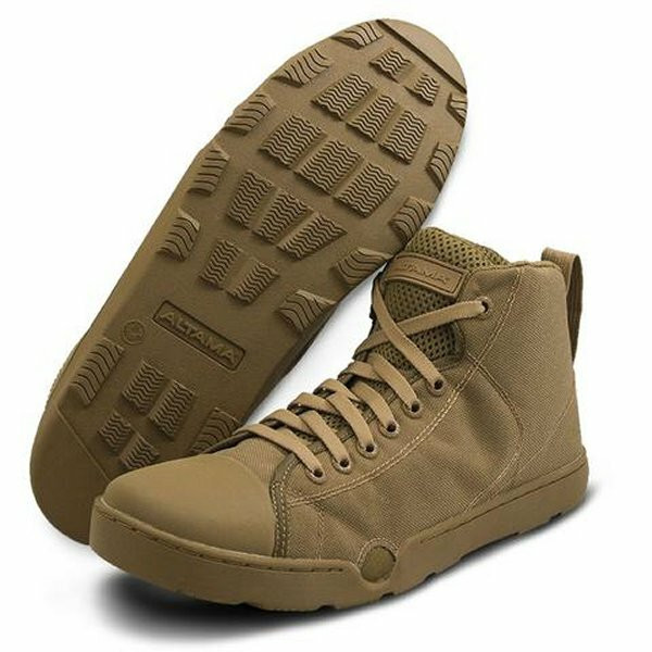 Coyote tan Altama Maritime Assault Mid tactical boots featuring a "fin-friendly" design, drainage ports, and high-traction SEAL Rubber outsoles.