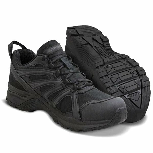 Black Altama Aboottabad Trail Low tactical shoes featuring a rugged rubber toe cap and high-traction Panama outsoles.