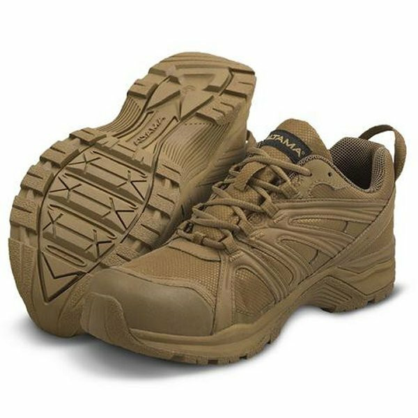 Coyote tan Altama Aboottabad Trail Low tactical shoes featuring a rugged rubber toe cap and high-traction Panama outsoles.