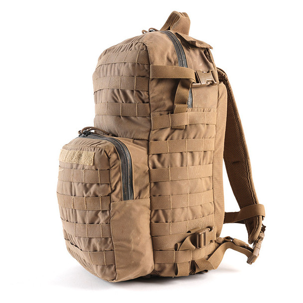 Side of the FILBE 3 Day Assault Backpack showing the MOLLE webbing and one of the shoulder straps
